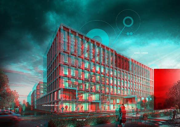 VR-Bild des geplanten Gebäudes im Technologiepark.