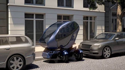 Eine Darstellung von parkenden Autos, zwischen denen das Modell eines innovativen Fortbewegungsmittels steht.