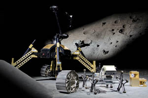 Modell eines Raumfahrtroboters in einer künstlichen Mondlandschaft.