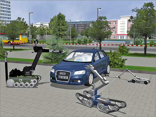 Digitales Modell eines Autos auf einem Parkplatz, das von drei Robotern umringt ist.