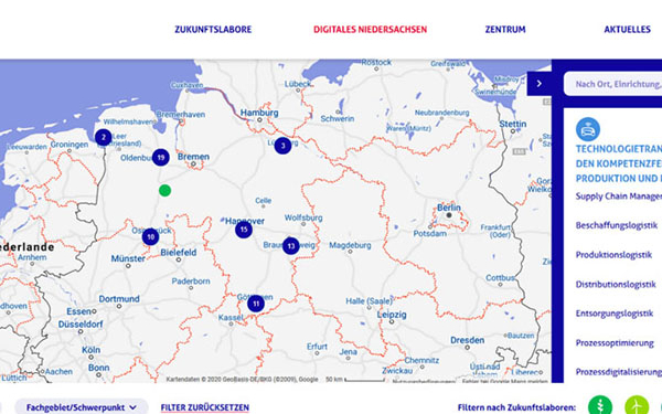 Screenshot Forschungslandkarte des Zentrums für digitale Innovationen Niedersachsen