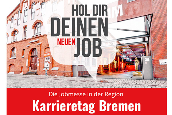 Plakat mit Bild von einem roten Backsteingebäude, dazu die Aufschrift in einer Sprechblase "Hol dir deinen neuen Job"