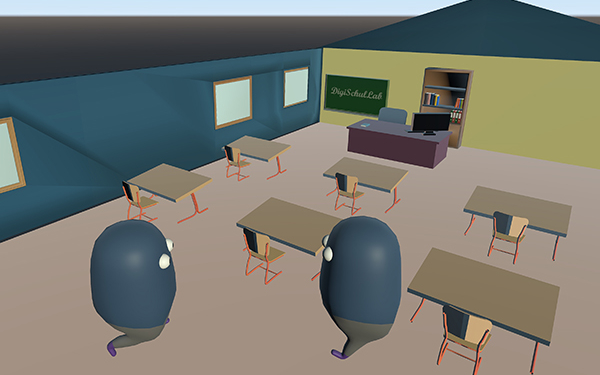 Bild eines virtuellen Klassenzimmers mit Stühlen und Tischen.