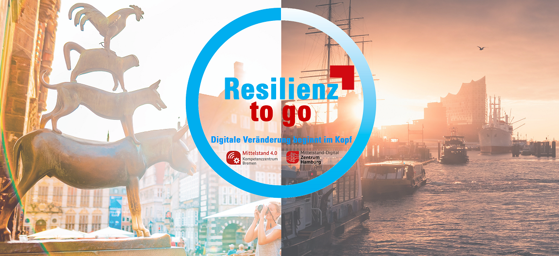 Bild der Bremer Stadtmusikanten auf der einen Hälfte und der Elbphilharmonie mit Wasser im Vordergrund. Darüber der Schriftzug Resilienz to go und die Logos von vier Veranstaltern.