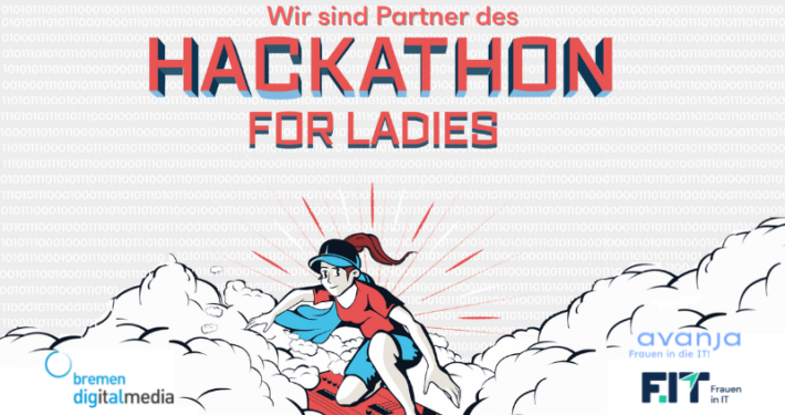 Illustration einer Frau auf einer Leiterplatine als Surfbrett, darüber der Schriftzug Wir sind Partner des Hackathon for Ladies.