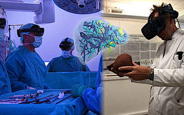 Geteiletes Bild von Menschen an einem OP Tisch. Auf der einen Bildhälfte in Blautöen stehen die Art*innen um OP-Besteck, auf der anderen Bildhälfte hält ein Arzt mit VR Brille avor den Augen ein künstliches Organ in der Hand.