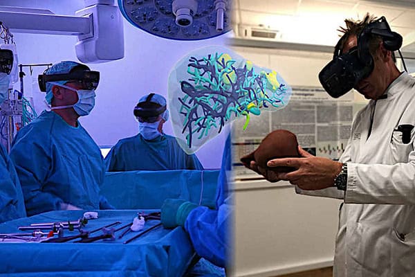 Geteiletes Bild von Menschen an einem OP Tisch. Auf der einen Bildhälfte in Blautöen stehen die Art*innen um OP-Besteck, auf der anderen Bildhälfte hält ein Arzt mit VR Brille avor den Augen ein künstliches Organ in der Hand.