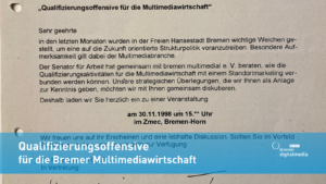 Foto eines alten Briefes der Freien Hansestadt Bremen. Darüber ein leicht transparenter türkisfarbener Streifen auf dem steht: Qualifizierungsoffensive für die Bremer Multimediawirtschaft.