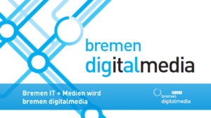 Ein Teil einer Broschüre auf dem das Logo des Vereins sowie einige blaue, symmetrische Linien mit Knotenpunkten zu sehen sind. Darüber steht auf einem blauen Band: Bremen IT + Medien wird bremen digitalmedia.
