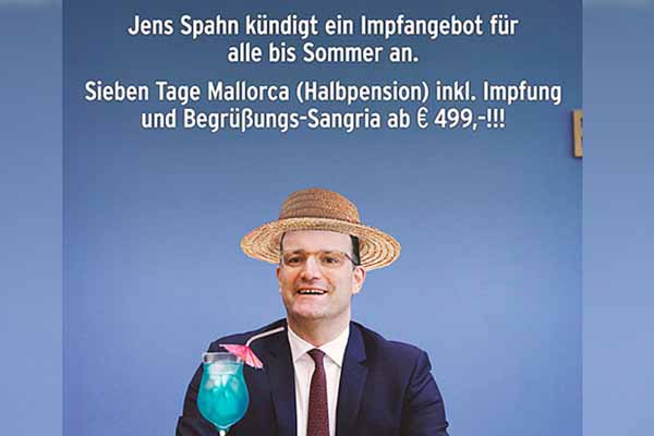 Montiertes Foto des ehemaligen Gesundheitsministers Jens Spahn, mit nachträglich hinzugefügtem Sonnenhut und Cocktail.