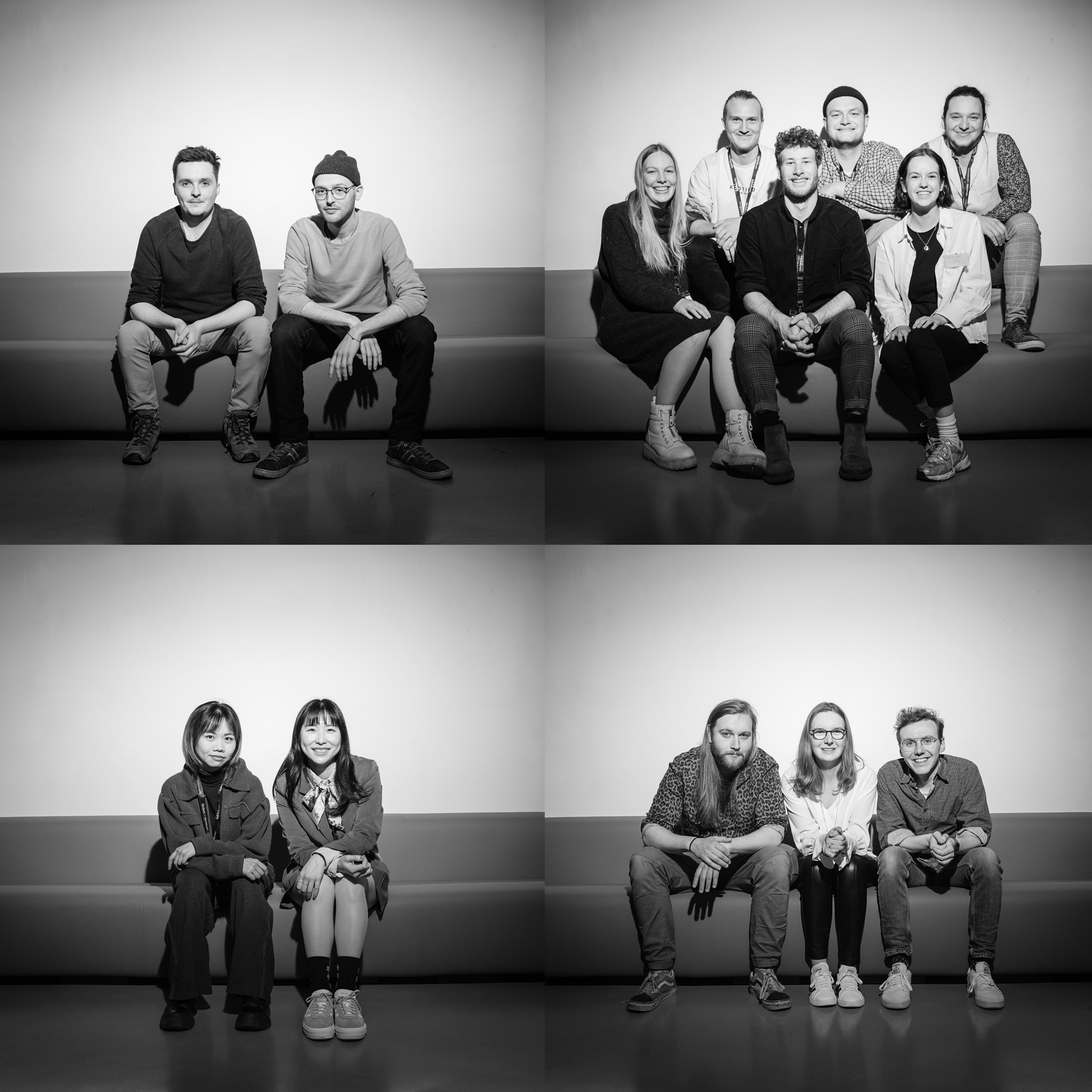vier schwarz/weiß Gruppenfotos in einer Fotocollage.