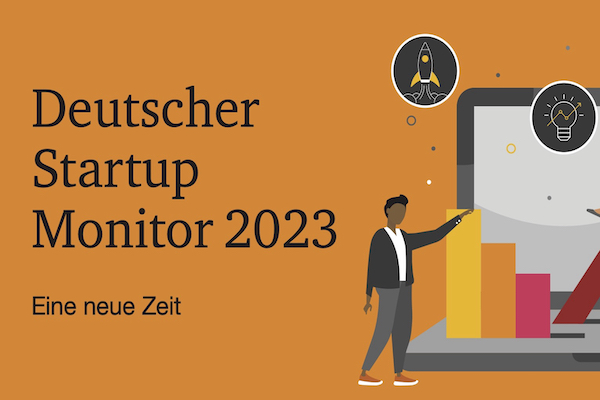 Illustration einer Person neben einem Laptop, auf dem Graphen gezeigt werden. Daneben de Text: DEutscher Startup Monitor 2023. Eine neue Zeit.