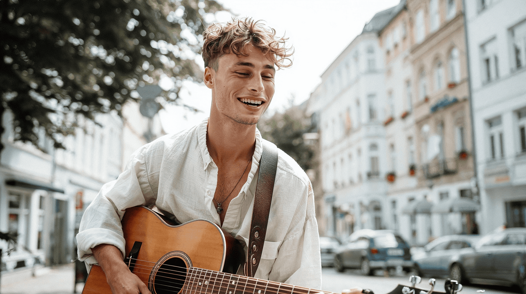 Ein Mann sitzt mit einer Gitarre in einer Straße und singt.