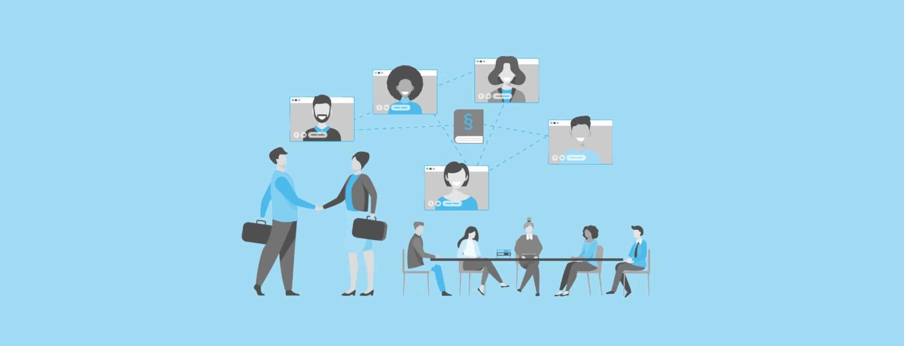Illustration von Menschen, die gemeinsam an einem Tisch sitzen und sich vernetzen.