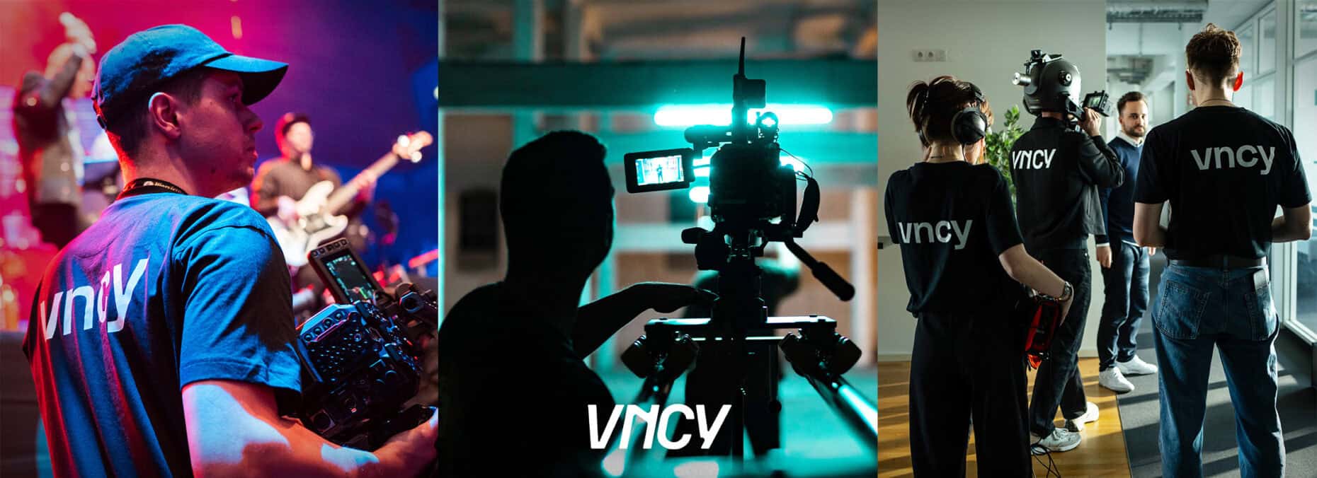 Collage aus drei Einzelfotos, die Menschen in unterschiedlichen Situationen beim Videodreh zeigen.