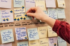 Auf einer Pinnwand sind mehrere Post-Its. Eine Hand hängt ein weiteres Post-It auf.